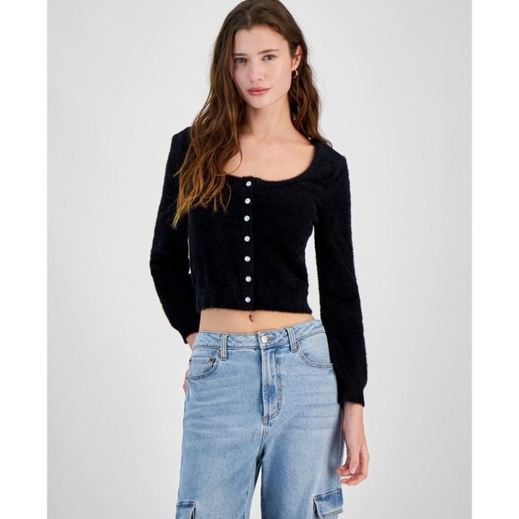 Planet Heart Juniors' Rhinestone-Button Fuzzy Eyelash Cardigan Sweater, Black, L - Picture 1 of 3